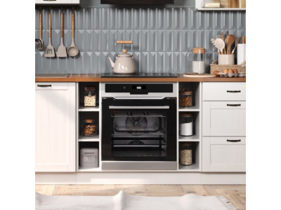 Armário aberto para forno de cozinha com seis nichos na cor branco lavado com honey / coleção Alma	